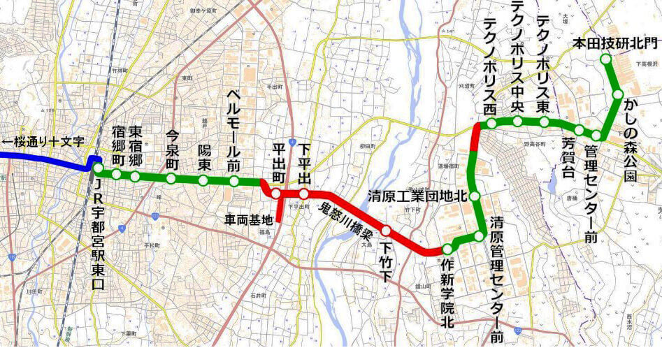 LRT と新設路線バスの路線図(赤線が新設)